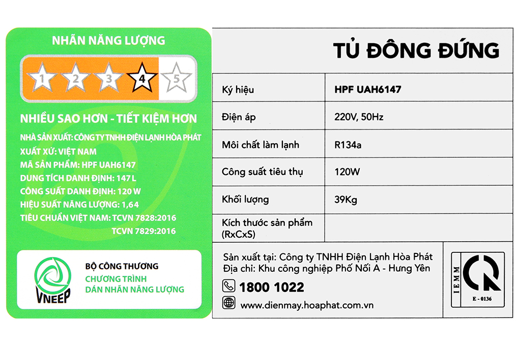Tủ đông đứng Hòa Phát 147 Lít HPF UAH6147 Màu Trắng
