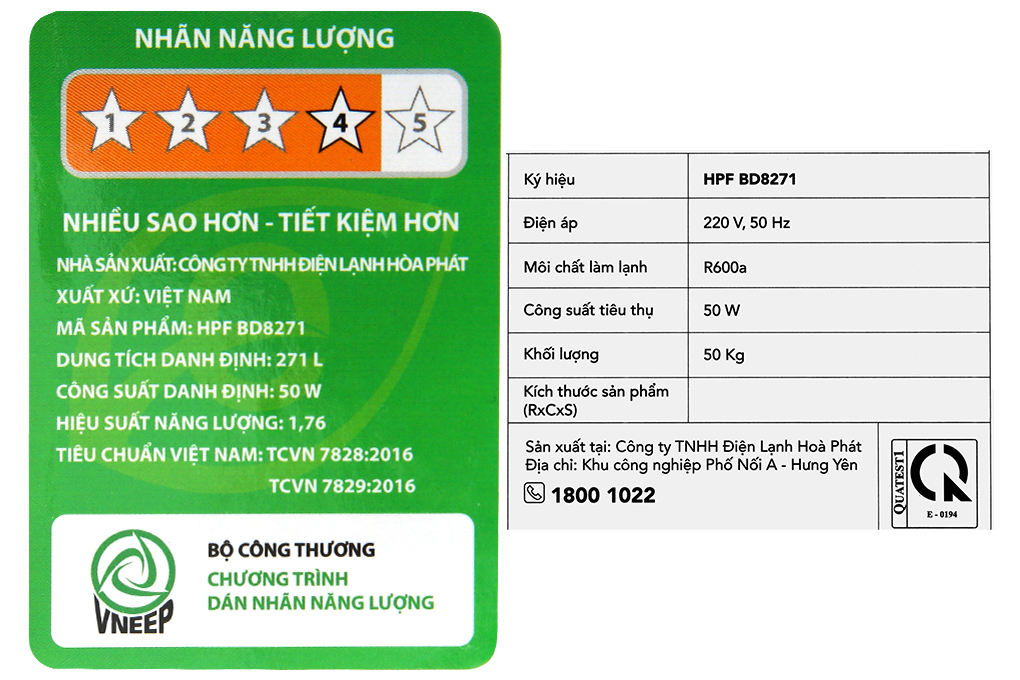 Tủ đông Hòa Phát Inverter 271 Lít HPF BD8271 Màu Trắng