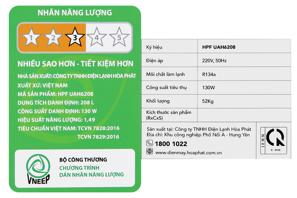 Tủ đông đứng Hòa Phát 208 Lít HPF UAH6208 Màu Trắng