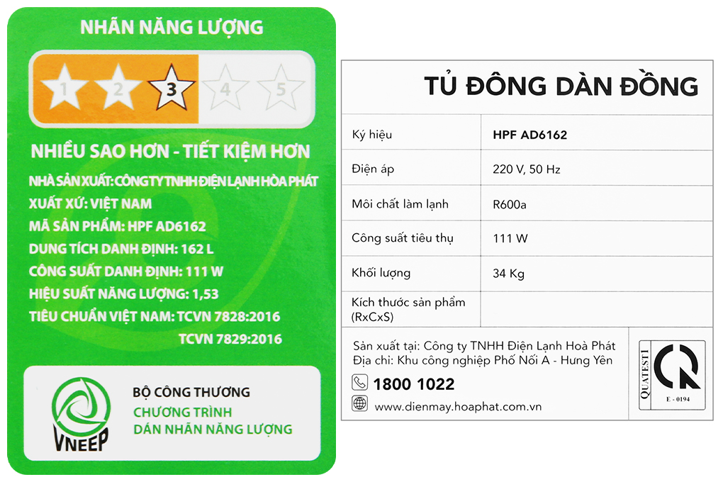 Tủ đông Hòa Phát 162 Lít HPF AD6162 Màu Trắng