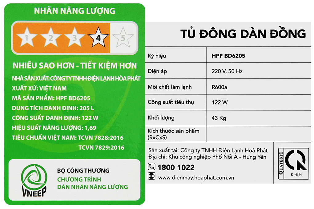 Tủ đông Hòa Phát 205 Lít HPF BD6205 Màu Trắng