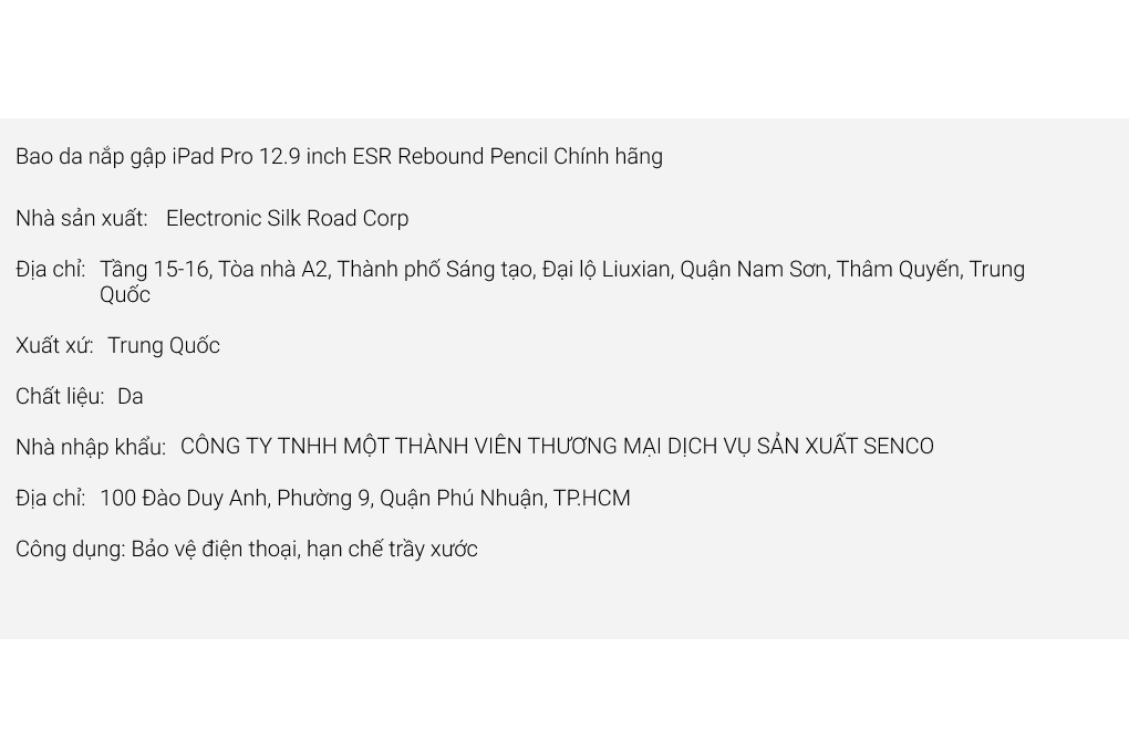 Bao da nắp gập iPad Pro 12.9 inch ESR Rebound Pencil Chính hãng Màu Đen