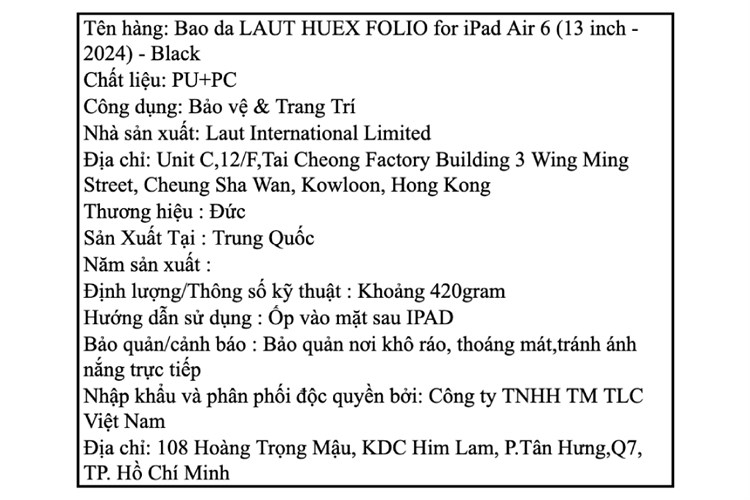 Bao da nắp gập iPad Air 6 M2/ Air M3 13 inch Nhựa PC da PU LAUT HUEX FOLIO Màu Đen