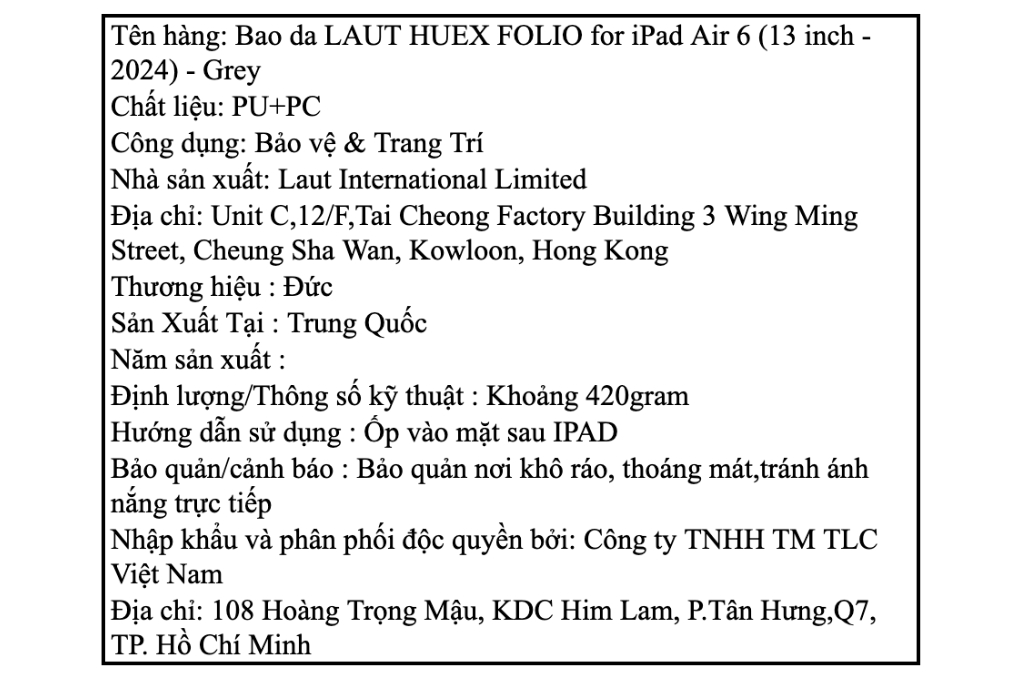 Bao da nắp gập iPad Air M4/M3/M2 13 inch Nhựa PC da PU LAUT HUEX FOLIO Màu Xám