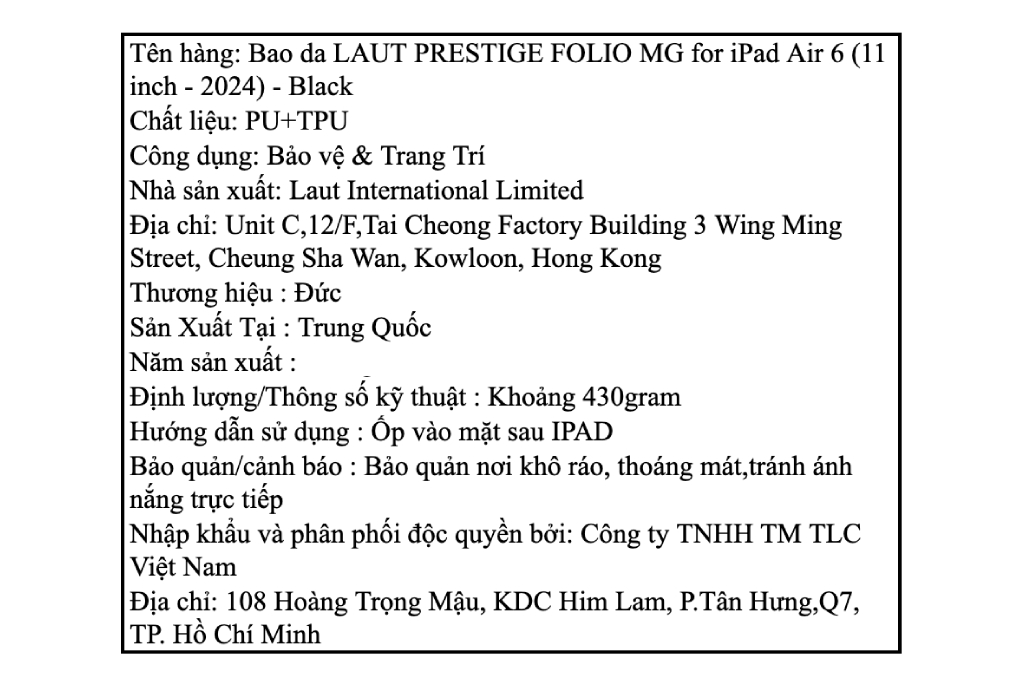 Bao da nắp gập iPad Air M4/M3/M2 13 inch Nhựa TPU da PU LAUT PRESTIGE FOLIO MG Màu Đen