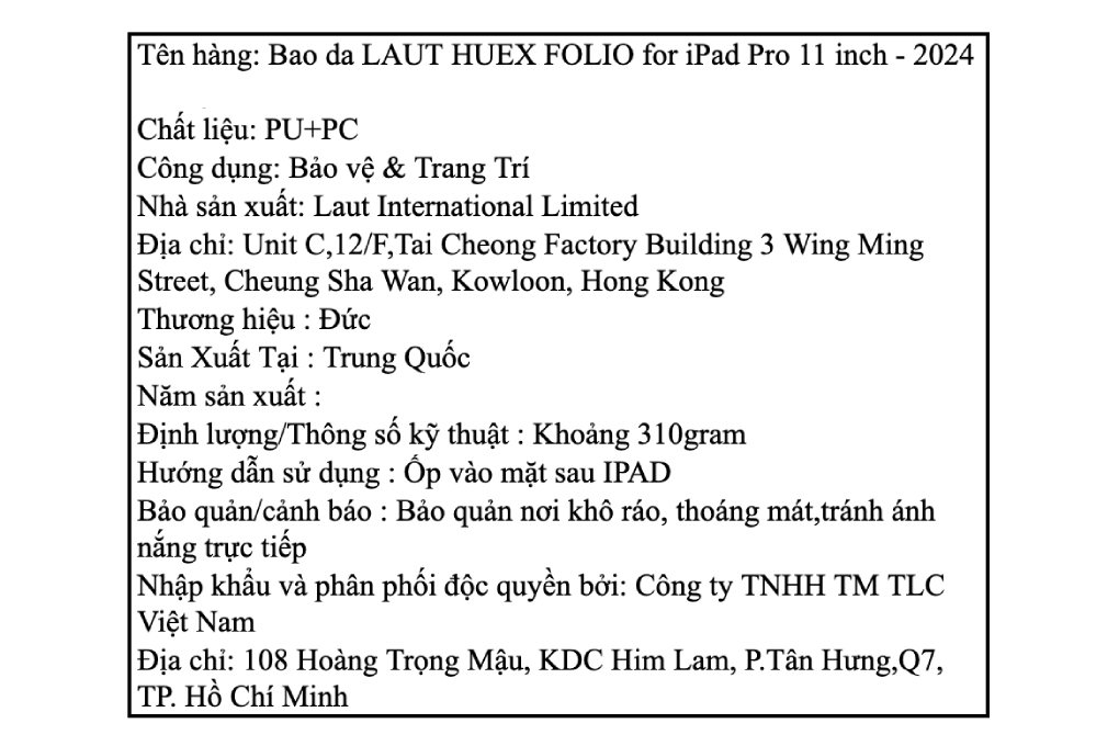 Bao da nắp gập iPad Pro 11 M4/M5 Nhựa PC da PU LAUT HUEX FOLIO Màu Đen