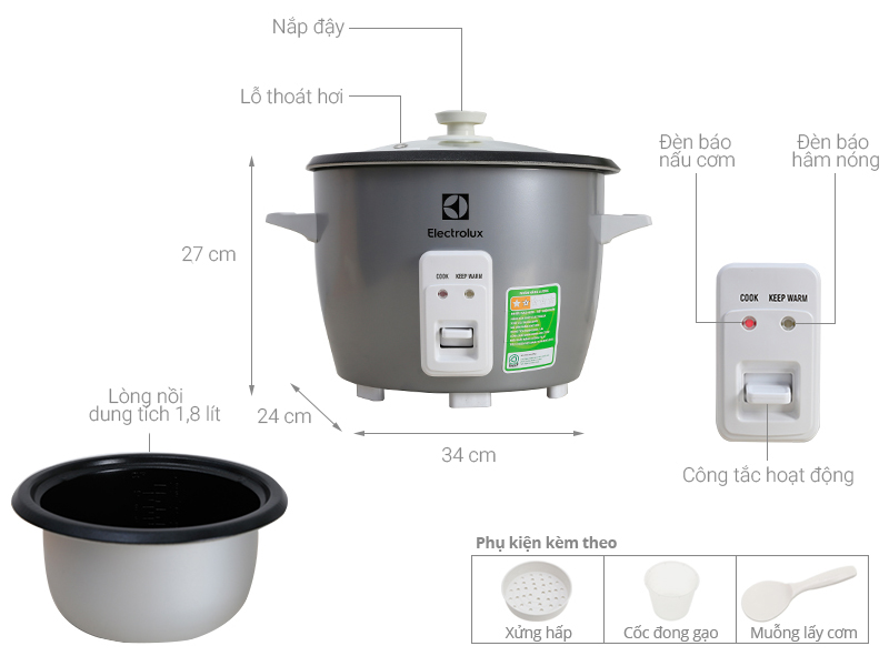 Nồi cơm điện Electrolux 1.8 lít ERC1800