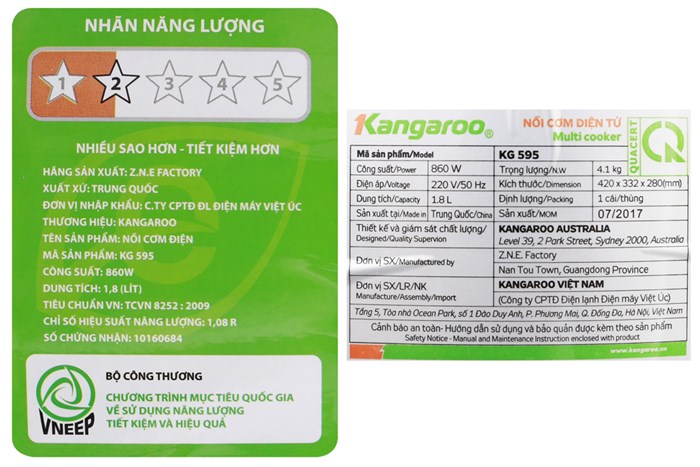 Nồi cơm điện tử Kangaroo 1.8 lít KG595 Màu Đen