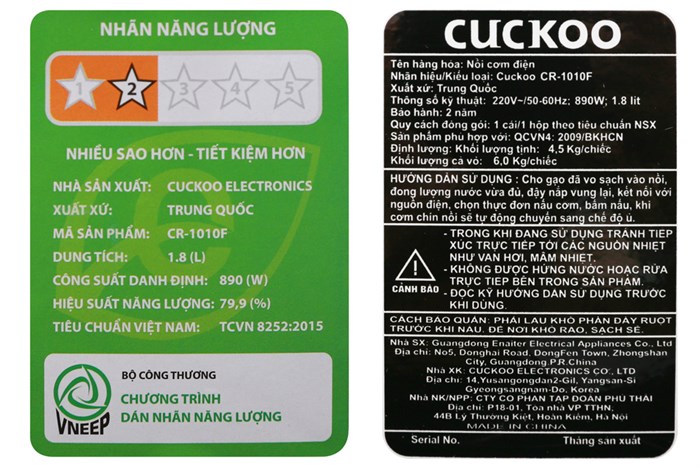 Nồi cơm điện tử Cuckoo 1.8 lít CR-1010F Màu Trắng - Đen
