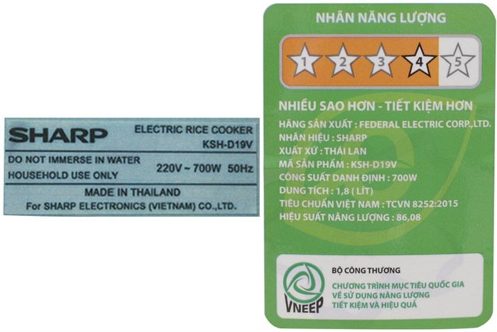 Nồi cơm nắp rời Sharp 1.8 lít KSH-D19V Màu Trắng