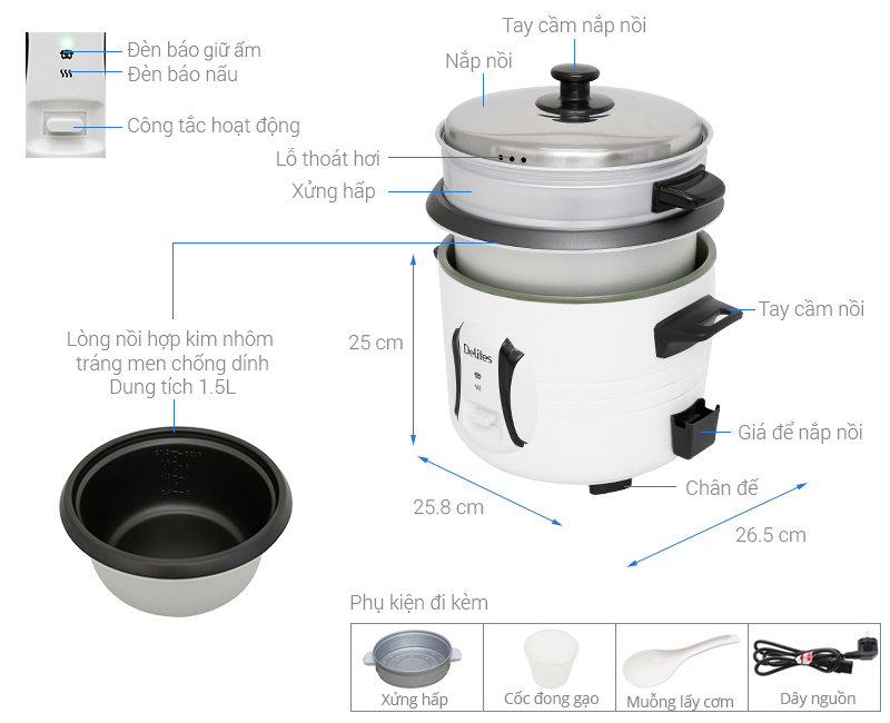 Nồi cơm nắp rời Delites 1.5 lít NCR1502
