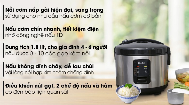 Nồi cơm điện Delites 1.8 lít NCG1804