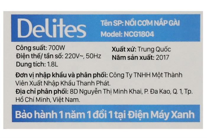 Nồi cơm điện Delites 1.8 lít NCG1804 Màu Đen - Bạc