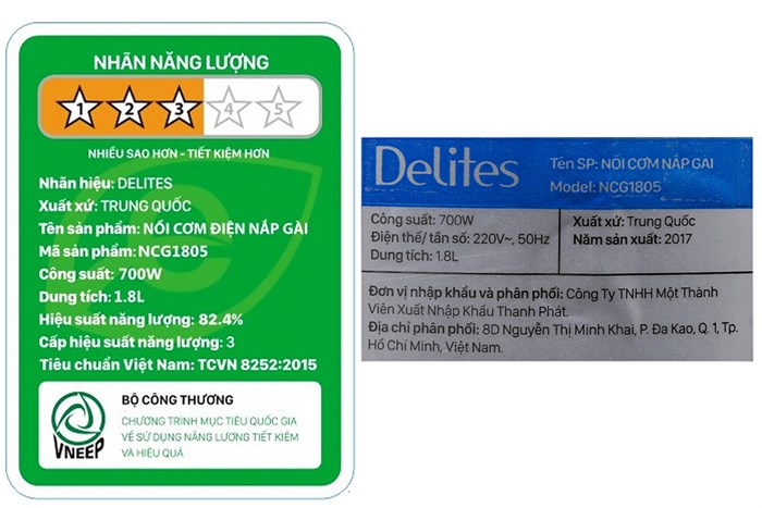 Nồi cơm nắp gài Delites 1.8 lít NCG1805 Màu Trắng - Xám