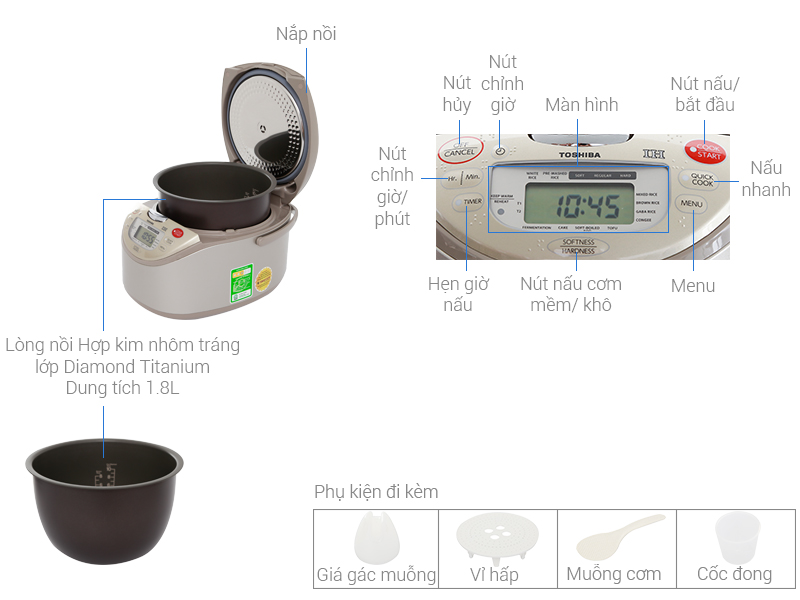 Thông số kỹ thuật Nồi cơm điện cao tần Toshiba 1.8 lít RC-18RH(CG)VN