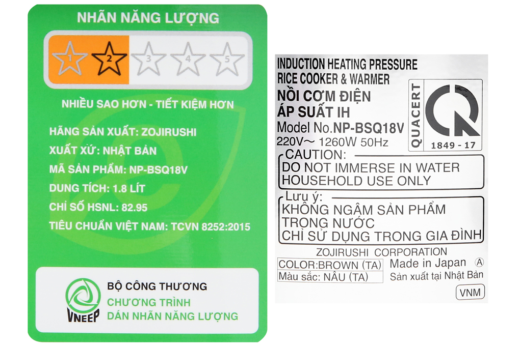 Nồi cơm điện cao tần Zojirushi 1.8 lít NP-BSQ18V-TA Màu Nâu