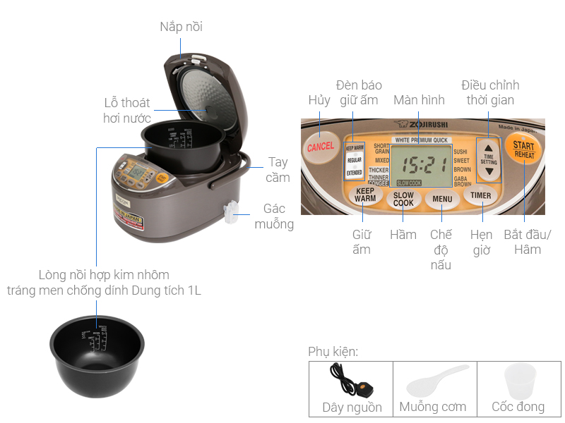 Thông số kỹ thuật Nồi cơm điện tử Zojirushi 1 lít NS-YSQ10-XJ