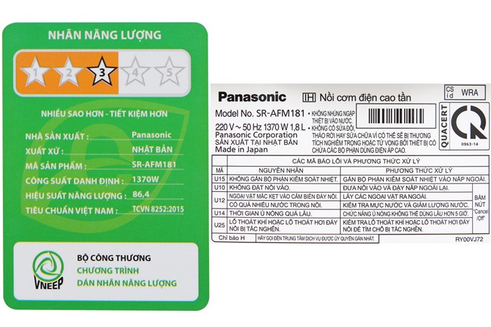Nồi cơm điện cao tần Panasonic 1.8 lít SR-AFM181WRA Màu Trắng