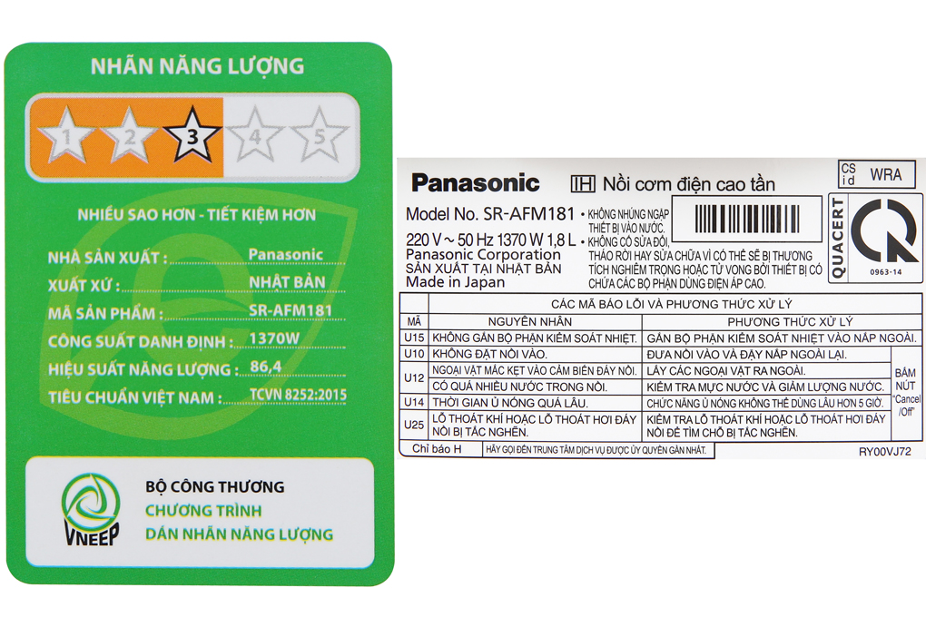 Nồi cơm điện cao tần Panasonic 1.8 lít SR-AFM181WRA Màu Trắng