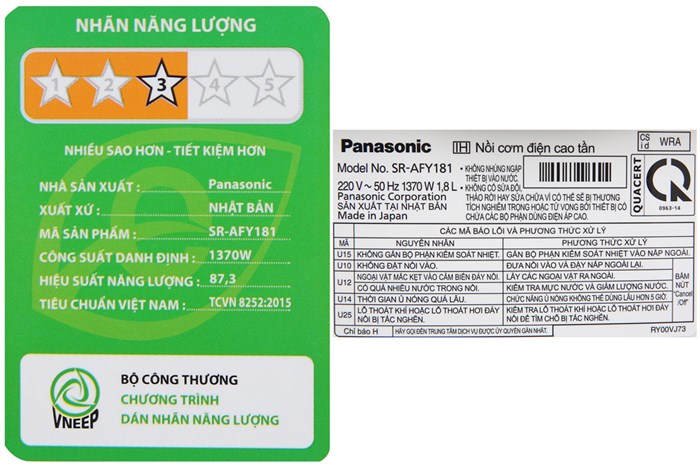 Nồi cơm điện cao tần Panasonic 1.8 lít SR-AFY181WRA Màu Trắng
