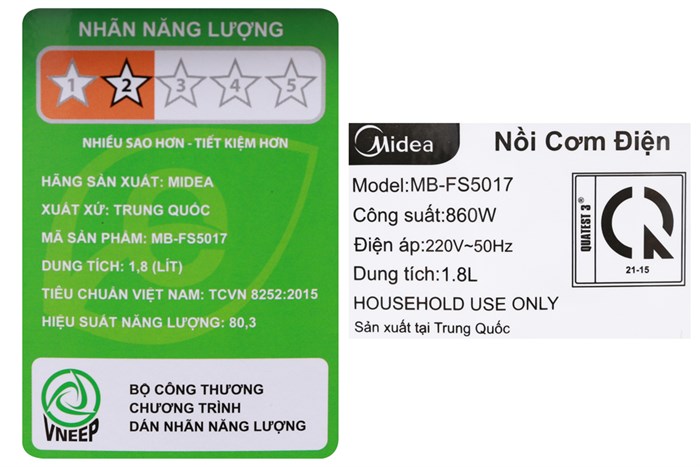 Nồi cơm điện tử Midea 1.8 lít MB-FS5017 Màu Nâu