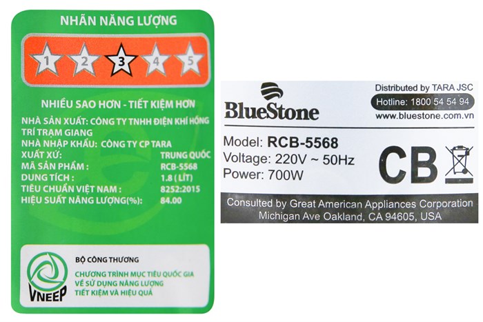 Nồi cơm nắp gài BlueStone 1.8 lít RCB-5568 Màu Nâu