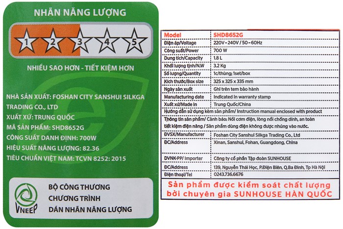 Nồi cơm nắp gài Sunhouse Mama 1.8 lít SHD8652G Màu Xanh ngọc