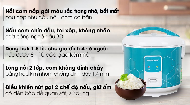 Nồi cơm nắp gài Sunhouse 1.8 lít SHD8622G