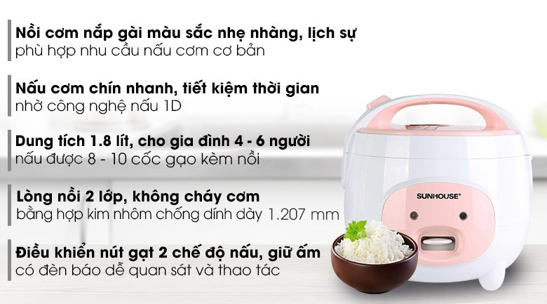 Nồi cơm nắp gài Sunhouse 1.8 lít SHD8607W