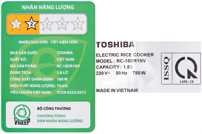 Nồi cơm điện tử Toshiba 1.8 lít RC-18DR1NV Màu Đen - Vàng đồng