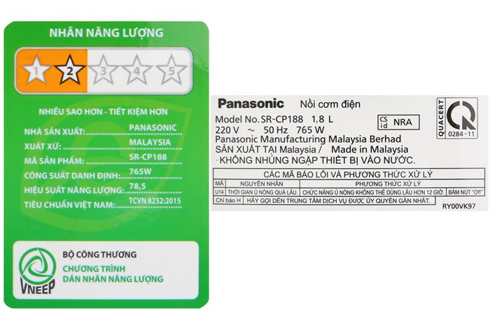 Nồi cơm điện tử Panasonic 1.8 lít SR-CP188NRA Màu Trắng