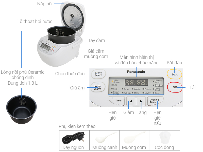 Thông số kỹ thuật Nồi cơm điện tử Panasonic 1.8 lít SR-CL188WRA