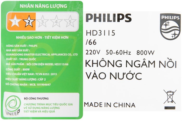 Nồi cơm điện Philips 1.8 lít HD3115 Màu Trắng - Xám