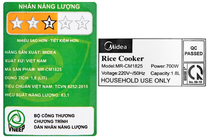 Nồi cơm nắp gài Midea 1.8 lít MR-CM1825 Màu Trắng
