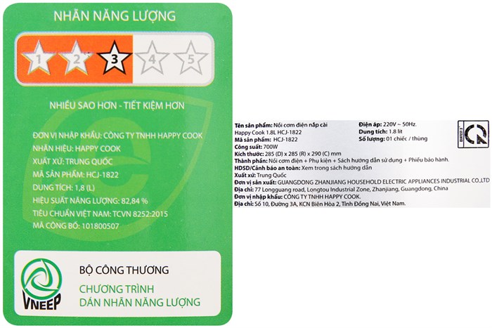 Nồi cơm nắp gài Happycook 1.8 lít HCJ-1822 Màu Trắng