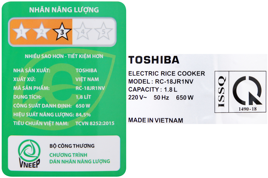 Nồi cơm điện Toshiba 1.8 lít RC-18JR1NV Màu Vàng đồng