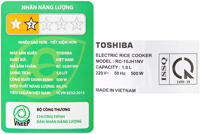 Nồi cơm điện 1 lít Toshiba RC-10JH1NV(P) Màu Trắng