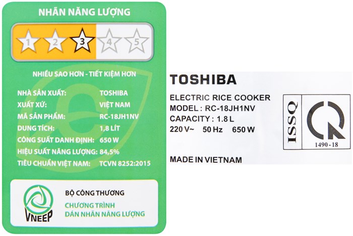 Nồi cơm điện 1.8 lít Toshiba RC-18JH1NV(G) Màu Trắng