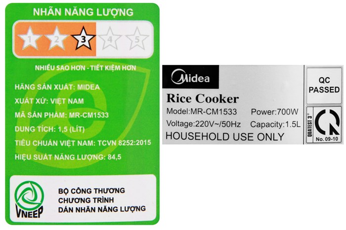 Nồi cơm nắp gài Midea 1.5 lít MR-CM1533 Màu Trắng