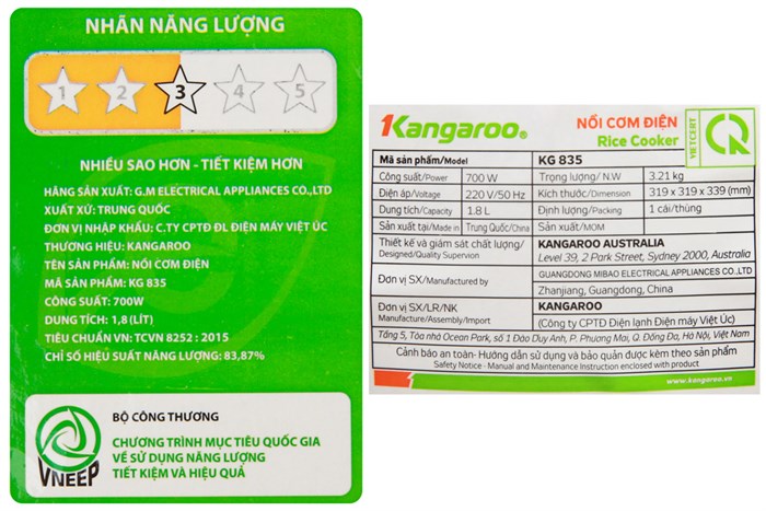 Nồi cơm nắp gài Kangaroo 1.8 lít KG835 Màu Trắng - Đỏ