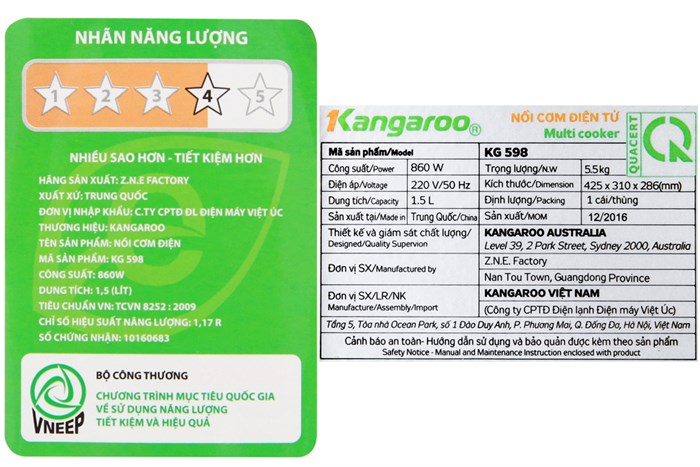 Nồi cơm điện tử Kangaroo 1.5 lít KG598 Màu Xám