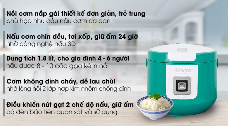 Nồi cơm nắp gài Sunhouse 1.8 lít SHD8658G Xanh