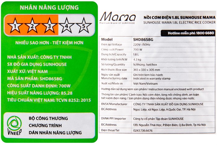 Nồi cơm nắp gài Sunhouse 1.8 lít SHD8658G Màu Xanh ngọc