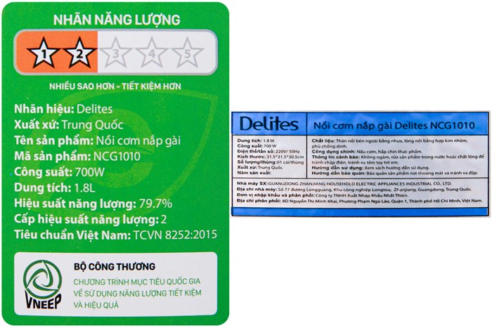 Nồi cơm nắp gài Delites 1.8 lít NCG1010 Màu Trắng