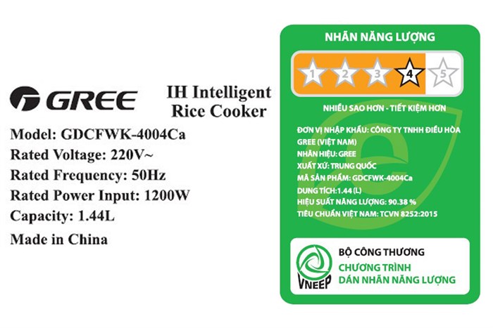 Nồi cơm cao tần GREE 1.5 lít GDCFWK-4004Ca Màu Trắng - Vàng