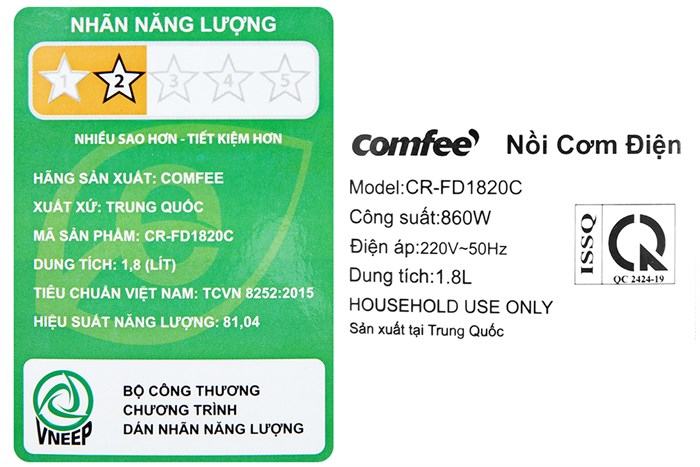 Nồi cơm điện tử Comfee 1.8 lít CR-FD1820C Màu Nâu