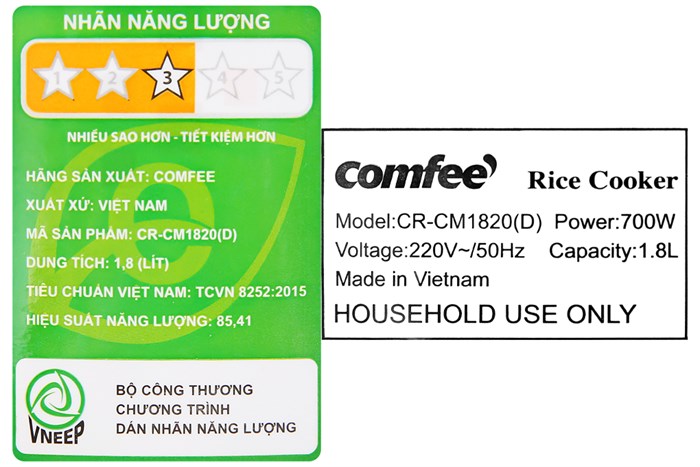 Nồi cơm nắp gài Comfee 1.8 lít CR-CM1820(D) Màu Trắng - Đỏ