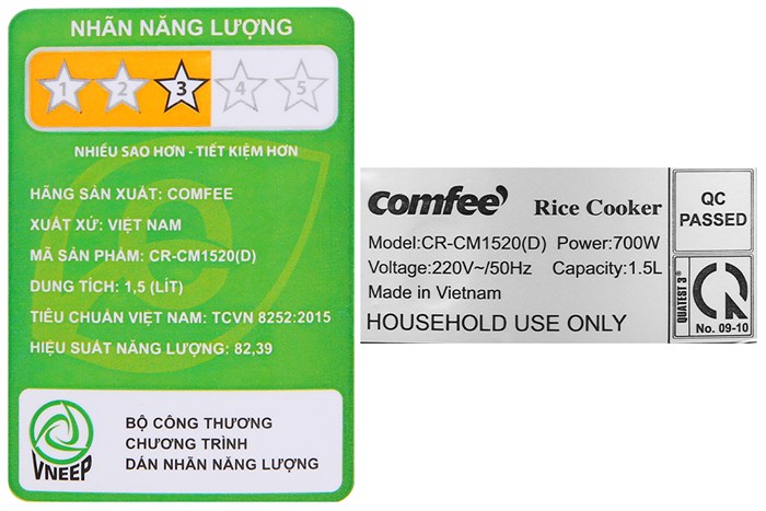 Nồi cơm nắp gài Comfee 1.5 lít CR-CM1520(D) Màu Trắng - Xanh