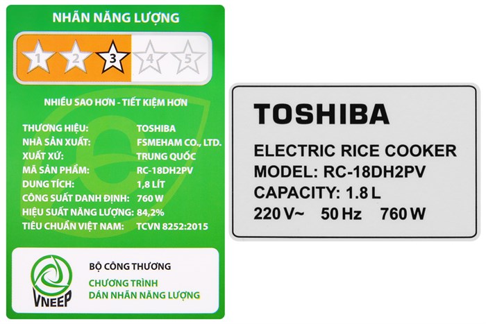 Nồi cơm điện tử Toshiba 1.8 lít RC-18DH2PV(W) Màu Trắng