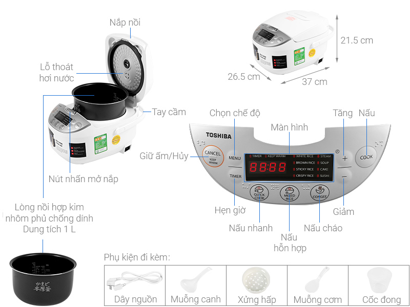 Nồi cơm điện tử Toshiba 1 lít RC-10DH2PV(W)